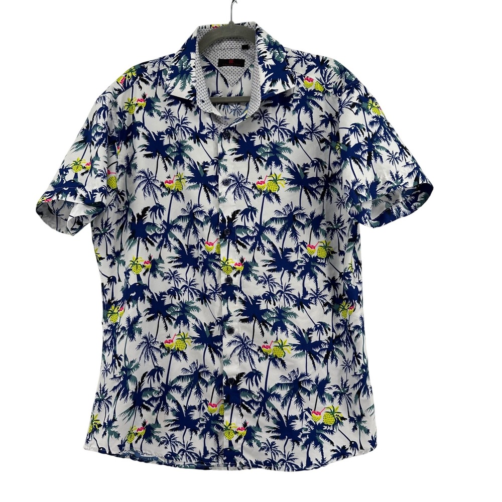 BC Collection Hawaiian Button Down Shirt Mens L White Blue Tropical Palm Tree